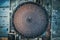 Above round iron roof of unfinished nuclear power plant, circle metal construction, industrial building, aerial top view