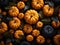 Above shot bunch of ripe colorful pumpkins with autumn leaves. Flat lay festive autumn decor composition. Thanksgiving