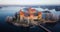 Above Trakai castle at winter, aerial