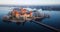 Above Trakai castle at winter, aerial video