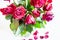 Above view of bouquet of wilted red roses in vase