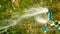 Above view of Head of yeard sprinkler spreading water over the grass closeup slomo