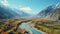 An above view of the Hunza River on a sunny day, encircled by mountains