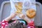 Above view of little girl ready to eat fast food