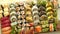 Above view of various sushi and rolls placed on wooden board. Japanese food fest