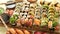 Above view of various sushi and rolls placed on wooden board. Japanese food fest
