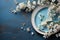 From above, wedding mockup, flowers, gypsophila, blue table, flat lay