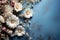 From above, wedding mockup, flowers, gypsophila, blue table, flat lay