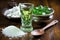 absinthe accessories: special spoon, glass, and sugar cubes