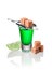 Absinthe shots with lime slices and sugar, isolated