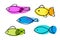 Absrtact Fish icon set. Sketch of fish vector icons isolated on white background. Set of varieties cartoon fishes. Flat Colorful