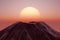 Abstact 3d render summer scene and Natural podium, Big volcano with small mountain, The sun on the top peak mountain with sunset