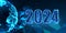 Abstract 2024 global network, New Year digital web banner template. Futuristic blue greeting card