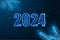 Abstract 2024 Happy New Year digital web banner with evergreen branches in futuristic style on blue