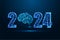 Abstract 2024 New Year digital web banner template. Futuristic greeting card with AI thinking