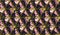 Abstract 3D background with fantasy luxury seamless pattern of pink triangular polygons and golden spheres