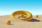 Abstract 3D background of torus and spheres in desert. Selective focus on shapes in the middle. Blue sky and sunshine.