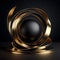 Abstract 3d render, black and gold geometric composition, round podium for product presentation.