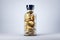 Abstract 3d rendering of glass bottle with golden dollar coins on background. Bank, cash, investing and savings concept