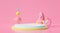 Abstract 3d rendering of white podium stand, pedestal winner on pink pastel background scene. Cute cartoon rocket science with