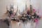 Abstract acrylic cityscape painting, light brown, magenta, light red, blues