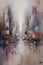 Abstract acrylic cityscape painting, light brown, magenta, light red, blues