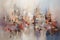 Abstract acrylic cityscape painting, light brown, magenta, light red, blues