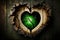 abstract ai generated image of a wooden board with a heartshaped hole with green glow , generative ai nature love wallpaper