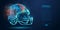 Abstract American football helmet from particles, lines and triangles on blue background. Rugby. Vector illustration