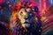 Abstract animal king of Lion portrait with multi colored colorful on skin body and hairs paint, Vibrant bright gradients