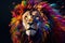 Abstract animal king of Lion portrait with multi colored colorful on skin body and hairs paint, Vibrant bright gradients