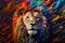 Abstract animal king of Lion portrait with multi colored colorful on skin body and hairs paint, Vibrant bright gradients