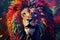 Abstract animal king of Lion portrait with multi colored colorful on skin body and hairs paint, Vibrant bright gradients