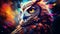 Abstract animal painting of an owl using vibrant double-exposure paint