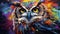 Abstract animal painting of an owl using vibrant double-exposure paint