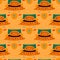 Abstract animal seamless kids pattern with doodle bear character print. Funny orange animals in cute hats