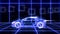 Abstract animation of blue futuristic super car made with light beam wireframes on futuristic city background scene