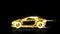 Abstract animation of golden futuristic super car made with light beam wireframes on black isolated futuristic background