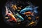 abstract aquarium fish in space with beautiful decoration of small multi-colored fish