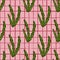 Abstract aquatic seamless pattern with green seaweed ornament. Pink chequered background. Organic print