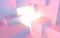 Abstract architectural vaporwave background with cube construction in pink and blue lights stage and light beam inside