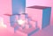 Abstract architectural vaporwave background with cube construction in pink and blue lights stage and light beam inside