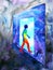 Abstract art human walking through light blue window door to universe watercolor painting illustration design background