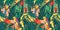 Abstract art seamless pattern with parrots and tropical plants. Modern exotic design