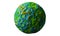 Abstract art of surreal 3d stone ball sphere or planet earth, moon, or asteroid with damages and scratches with green