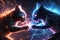 Abstract art in two young cat fighting with laser powerful spotlight coloring.