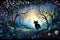 Abstract artwork of black cat strolling through moonlit garden with muted purples and blues highlighting mystical