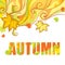 Abstract autumn background with dotted maple leaves, dotted swirls, waves and the word Autumn on white.