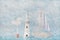 Abstract background of boat and lighthouse. Colorful Pencil sketch painting style.