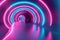 Abstract background of a circular tunnel made of blue-pink neon stripes and ascending ribbons